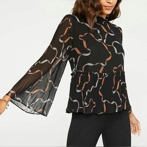 Ann Taylor Petite XXS Black Ribbon Print Pleated Peplum Bell Sleeve Blouse